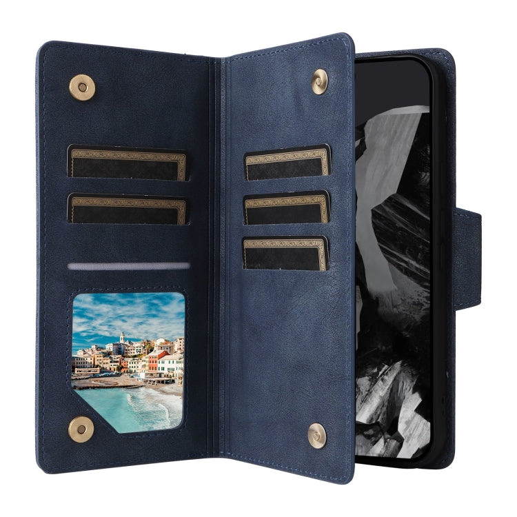 For Google Pixel 9 Pro Rivet Buckle 9 Cards Three Fold Leather Phone Case(Blue)