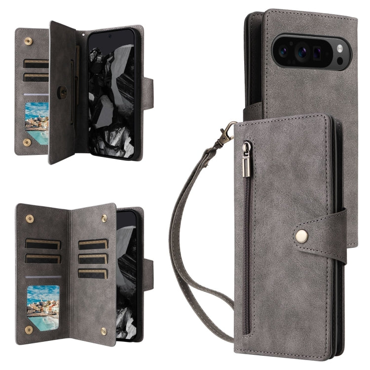 For Google Pixel 9 Pro Rivet Buckle 9 Cards Three Fold Leather Phone Case(Grey)