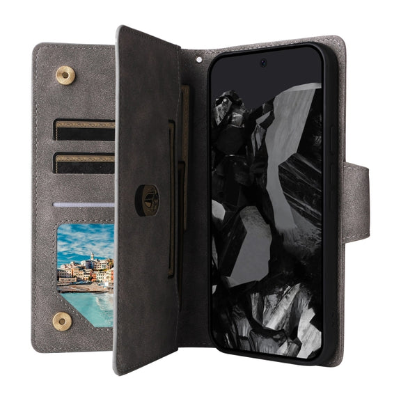 For Google Pixel 9 Pro Rivet Buckle 9 Cards Three Fold Leather Phone Case(Grey)