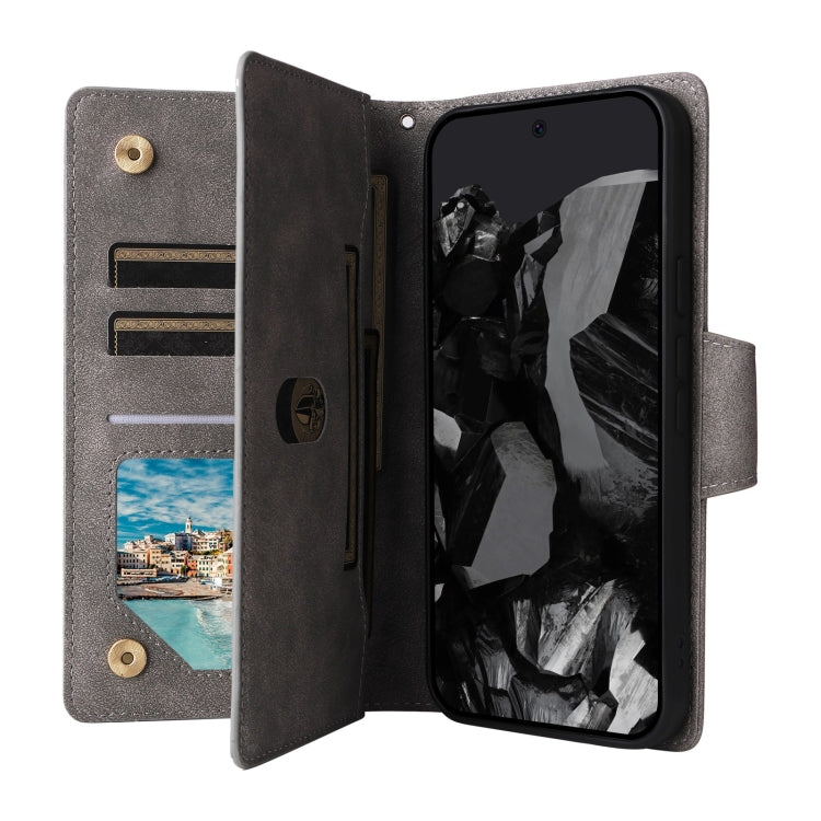 For Google Pixel 9 Pro Rivet Buckle 9 Cards Three Fold Leather Phone Case(Grey)