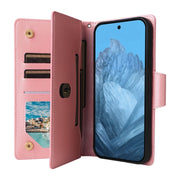 For Google Pixel 9 Rivet Buckle 9 Cards Three Fold Leather Phone Case(Rose Gold)