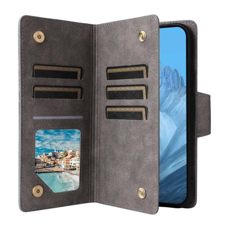 For Google Pixel 9 Rivet Buckle 9 Cards Three Fold Leather Phone Case(Grey)