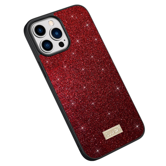 For iPhone 15 Pro SULADA Glittery PC Hybrid TPU Handmade Leather Phone Case(Red)