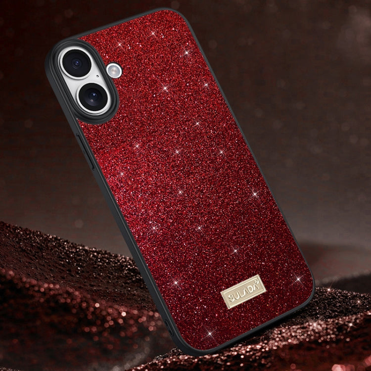 For iPhone 16 Plus SULADA Glittery PC Hybrid TPU Handmade Leather Phone Case(Red)
