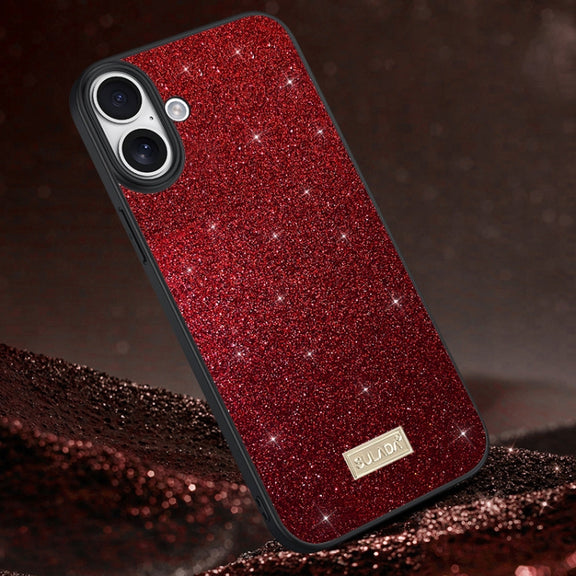 For iPhone 16 Plus SULADA Glittery PC Hybrid TPU Handmade Leather Phone Case(Red)