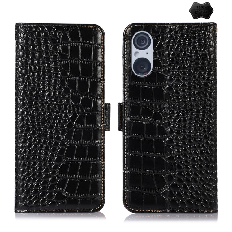 For Sony Xperia 5 V Crocodile Top Layer Cowhide Leather Phone Case(Black)