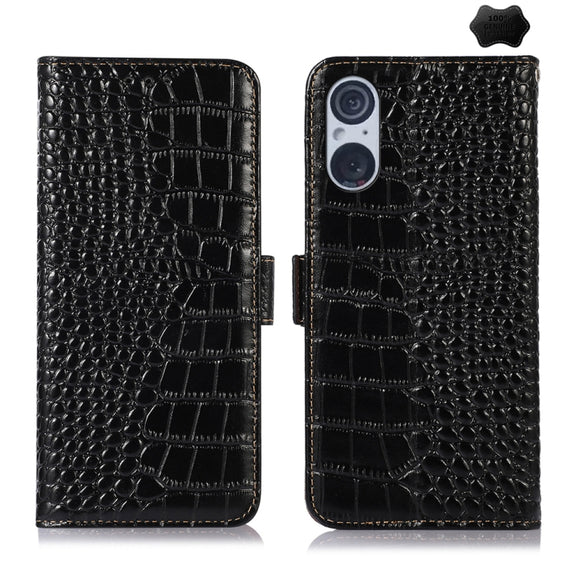 For Sony Xperia 5 V Crocodile Top Layer Cowhide Leather Phone Case(Black)
