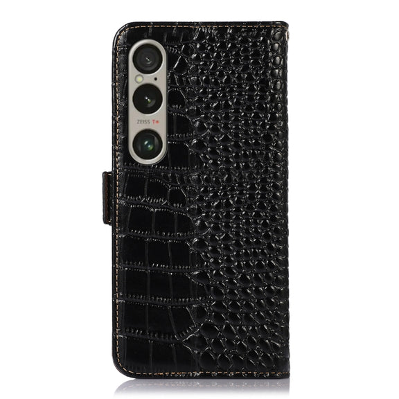 For Sony Xperia 1 VI Crocodile Top Layer Cowhide Leather Phone Case(Black)