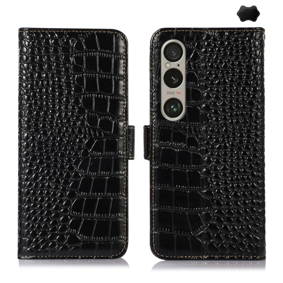 For Sony Xperia 1 VI Crocodile Top Layer Cowhide Leather Phone Case(Black)