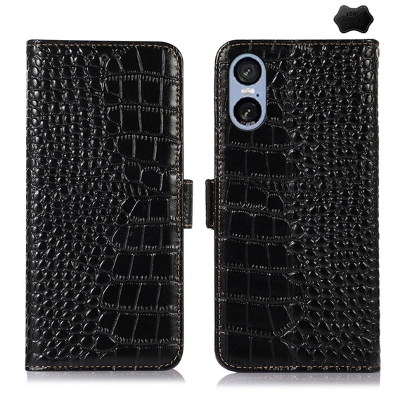 For Sony Xperia 5 VI Crocodile Top Layer Cowhide Leather Phone Case(Black)