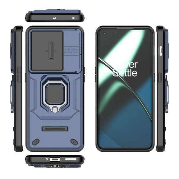 For OnePlus 11 5G Sliding Camshield TPU + PC Shockproof Phone Case with Holder(Blue)