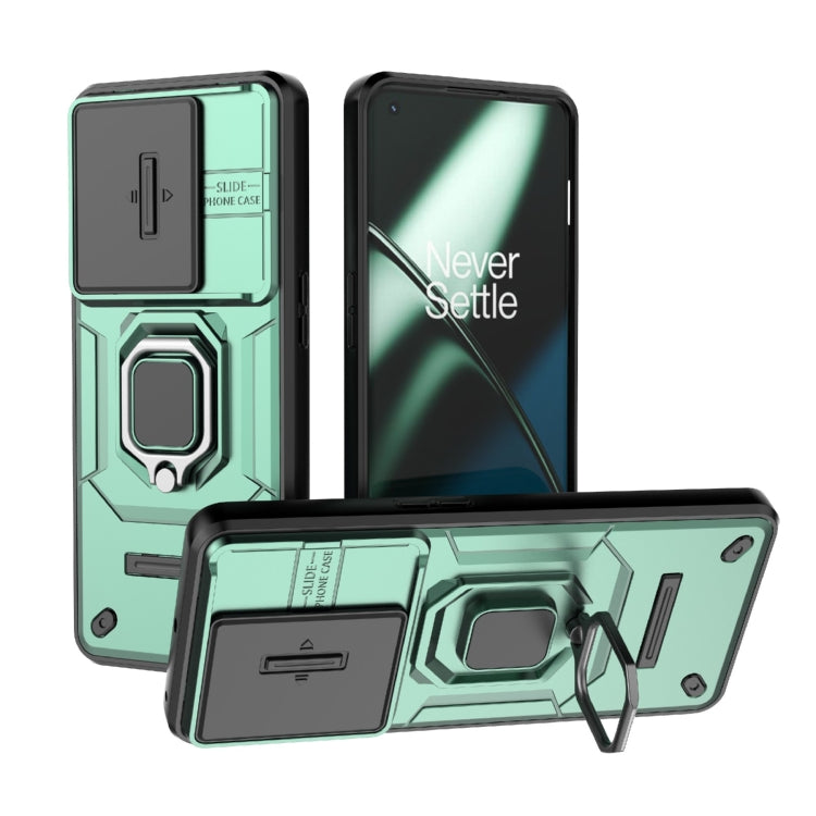For OnePlus 11 5G Sliding Camshield TPU + PC Shockproof Phone Case with Holder(Green)