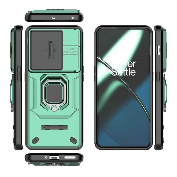 For OnePlus 11 5G Sliding Camshield TPU + PC Shockproof Phone Case with Holder(Green)