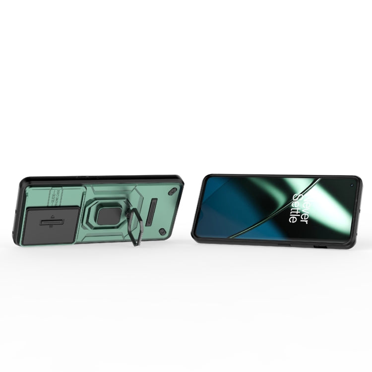 For OnePlus 11 5G Sliding Camshield TPU + PC Shockproof Phone Case with Holder(Green)