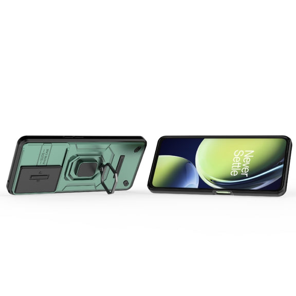 For OnePlus Nord CE 3 Lite 5G Sliding Camshield TPU + PC Shockproof Phone Case with Holder(Green)