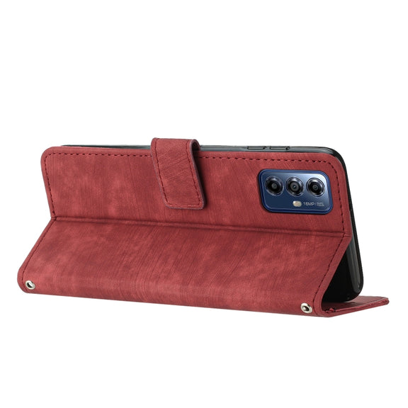 For Motorola Moto G Play 2024 Skin Feel Stripe Pattern Leather Phone Case with Lanyard(Red)