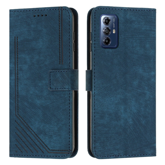 For Motorola Moto G Play 2024 Skin Feel Stripe Pattern Leather Phone Case with Lanyard(Blue)