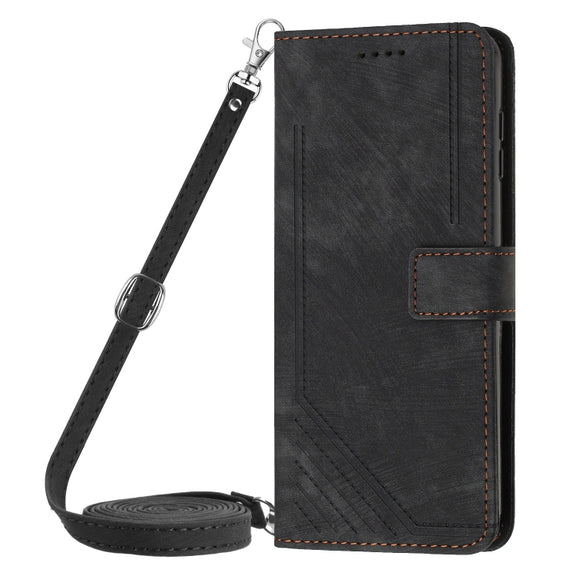 For Motorola Moto G Power 5G 2024 Skin Feel Stripe Pattern Leather Phone Case with Lanyard(Black)