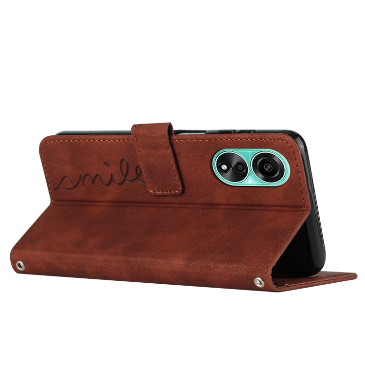 For OPPO A58 4G Skin Feel Heart Pattern Leather Phone Case with Lanyard(Brown)