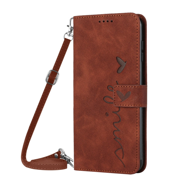 For Realme 11 4G Global Skin Feel Heart Pattern Leather Phone Case with Lanyard(Brown)