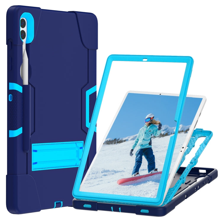 For Samsung Galaxy Tab S9+ Contrast Color Silicone PC Tablet Case with Holder(Navy Blue + Blue)