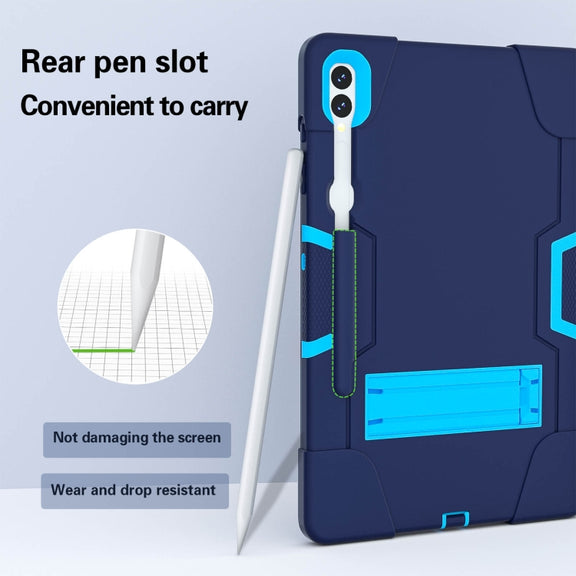For Samsung Galaxy Tab S9+ Contrast Color Silicone PC Tablet Case with Holder(Navy Blue + Blue)