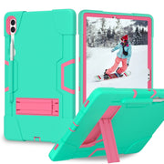 For Samsung Galaxy Tab S9+ Contrast Color Silicone PC Tablet Case with Holder(Mint Green + Rose Red)