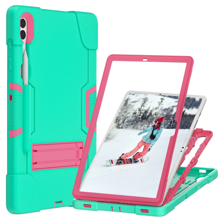 For Samsung Galaxy Tab S9+ Contrast Color Silicone PC Tablet Case with Holder(Mint Green + Rose Red)