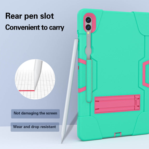 For Samsung Galaxy Tab S9+ Contrast Color Silicone PC Tablet Case with Holder(Mint Green + Rose Red)