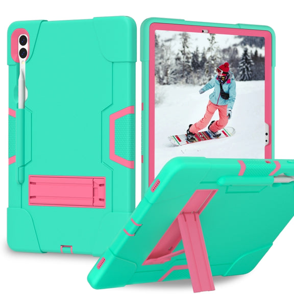For Samsung Galaxy Tab S9+ Contrast Color Silicone PC Tablet Case with Holder(Mint Green + Rose Red)