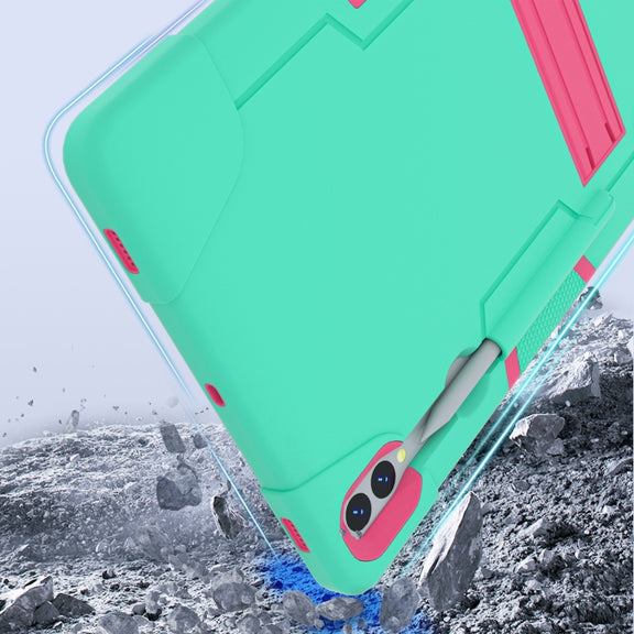 For Samsung Galaxy Tab S9+ Contrast Color Silicone PC Tablet Case with Holder(Mint Green + Rose Red)