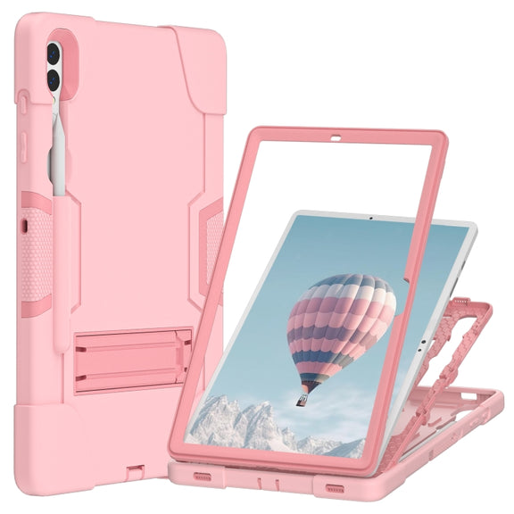For Samsung Galaxy Tab S9+ Contrast Color Silicone PC Tablet Case with Holder(Rose Gold)