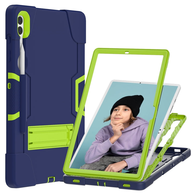 For Samsung Galaxy Tab S9+ Contrast Color Silicone PC Tablet Case with Holder(Navy Blue + Green)