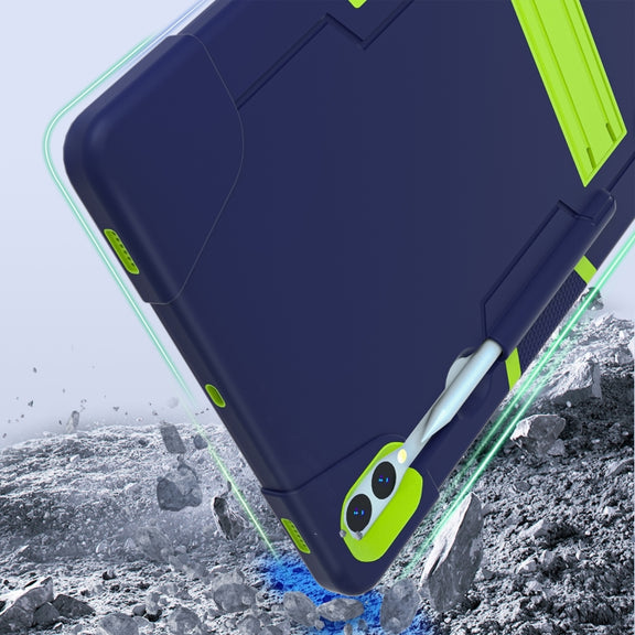 For Samsung Galaxy Tab S9+ Contrast Color Silicone PC Tablet Case with Holder(Navy Blue + Green)