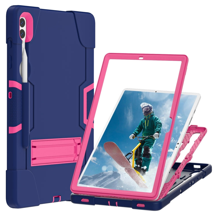For Samsung Galaxy Tab S9+ Contrast Color Silicone PC Tablet Case with Holder(Navy Blue + Rose Red)
