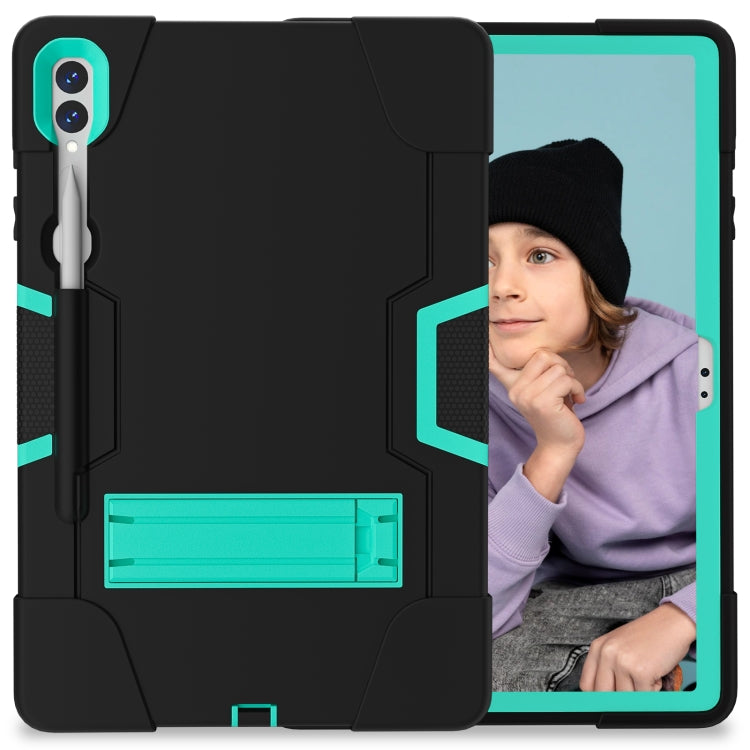 For Samsung Galaxy Tab S9+ Contrast Color Silicone PC Tablet Case with Holder(Black + Mint Green)