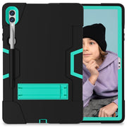 For Samsung Galaxy Tab S9+ Contrast Color Silicone PC Tablet Case with Holder(Black + Mint Green)