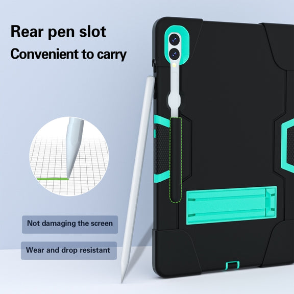 For Samsung Galaxy Tab S9+ Contrast Color Silicone PC Tablet Case with Holder(Black + Mint Green)