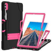 For Samsung Galaxy Tab S9+ Contrast Color Silicone PC Tablet Case with Holder(Black + Rose Red)