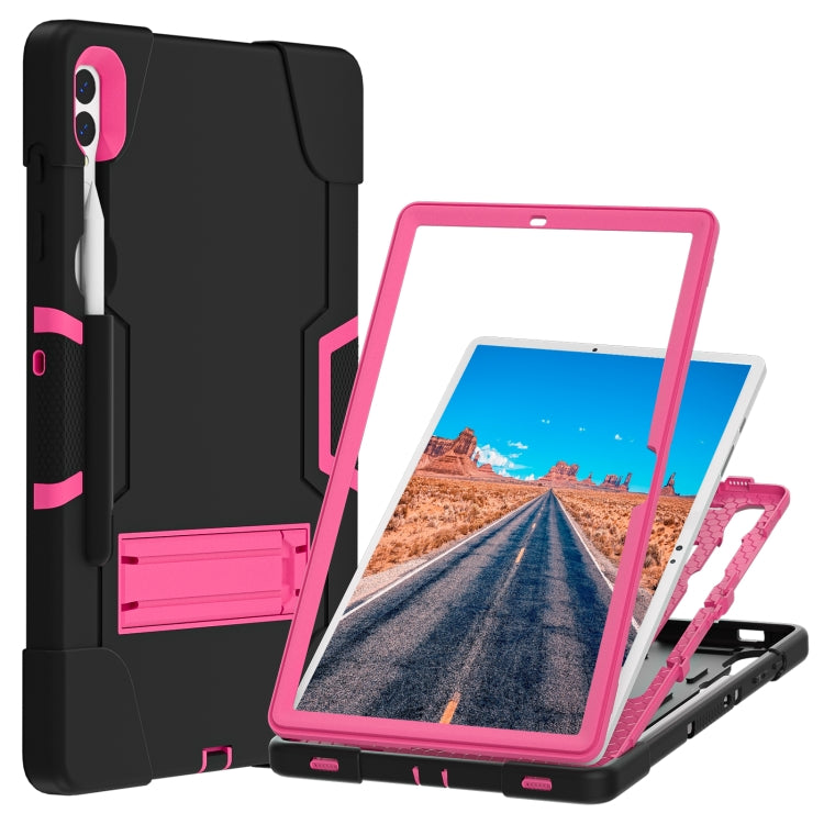 For Samsung Galaxy Tab S9+ Contrast Color Silicone PC Tablet Case with Holder(Black + Rose Red)