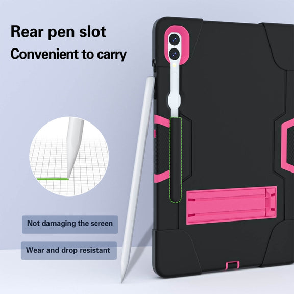 For Samsung Galaxy Tab S9+ Contrast Color Silicone PC Tablet Case with Holder(Black + Rose Red)