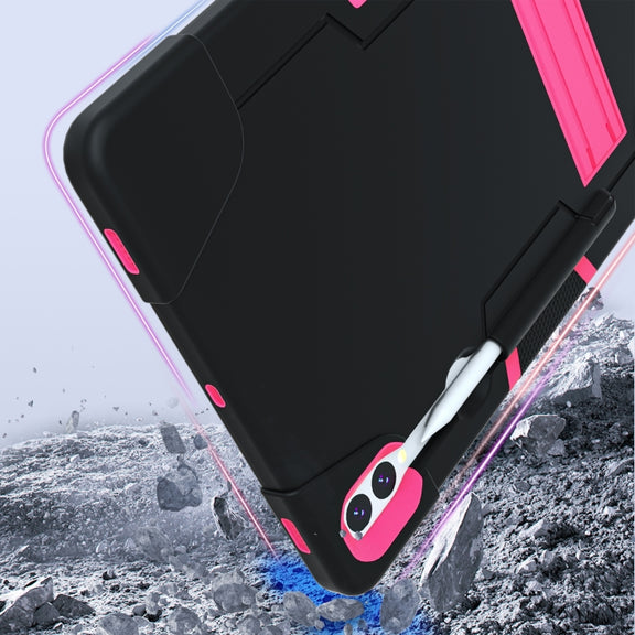 For Samsung Galaxy Tab S9+ Contrast Color Silicone PC Tablet Case with Holder(Black + Rose Red)