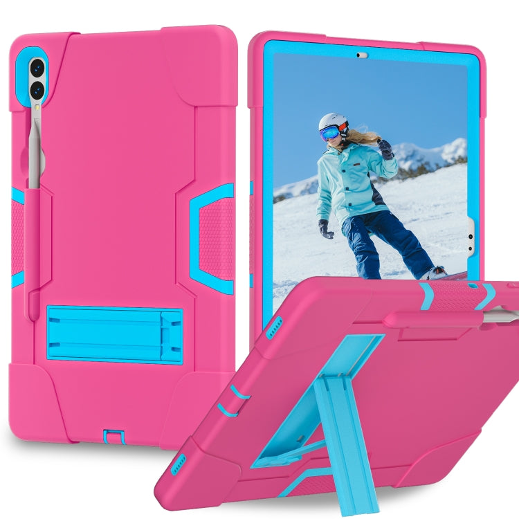 For Samsung Galaxy Tab S9+ Contrast Color Silicone PC Tablet Case with Holder(Rose Red + Blue)