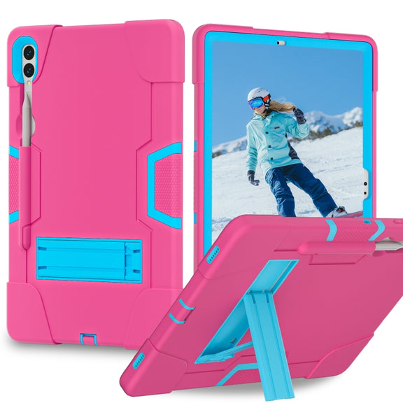 For Samsung Galaxy Tab S9+ Contrast Color Silicone PC Tablet Case with Holder(Rose Red + Blue)