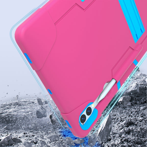 For Samsung Galaxy Tab S9+ Contrast Color Silicone PC Tablet Case with Holder(Rose Red + Blue)