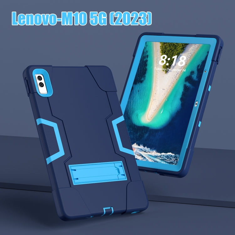 For Lenovo Tab M10 5G 10.6 inch Contrast Color Silicone PC Tablete Case with Holder(Navy Blue + Blue)