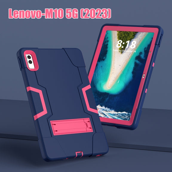 For Lenovo Tab M10 5G 10.6 inch Contrast Color Silicone PC Tablete Case with Holder(Navy Blue + Rose Red)
