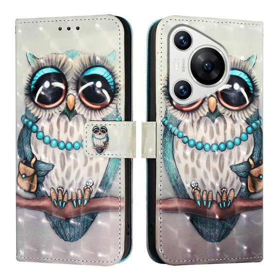 For Huawei Pura 70 3D Painting Horizontal Flip Leather Phone Case(Grey Owl)