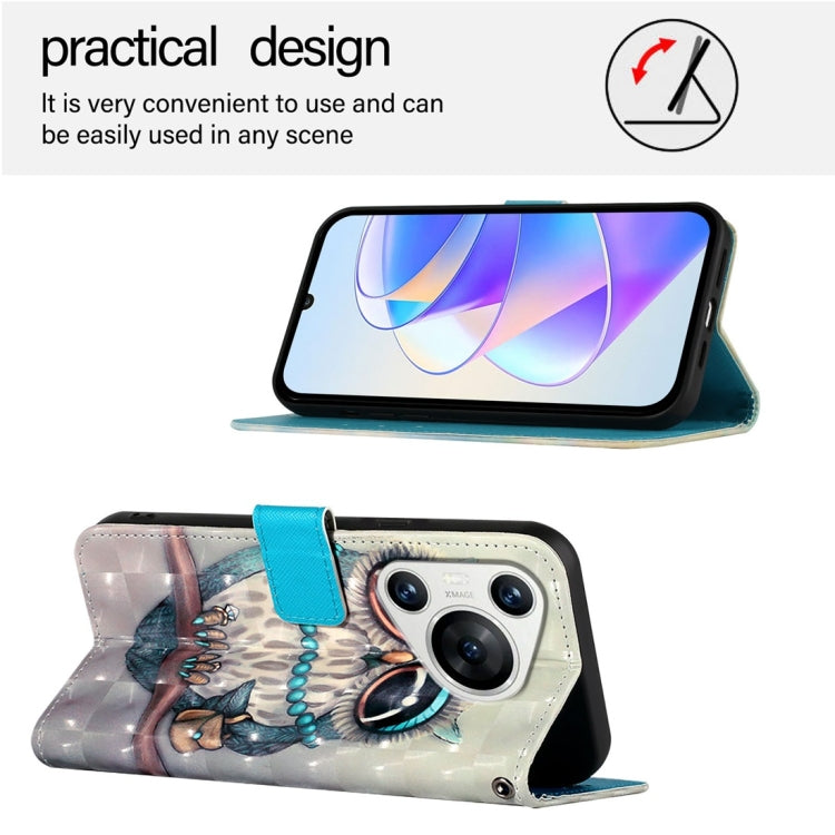 For Huawei Pura 70 3D Painting Horizontal Flip Leather Phone Case(Grey Owl)