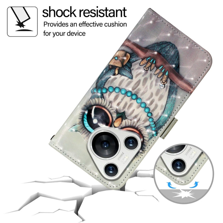 For Huawei Pura 70 3D Painting Horizontal Flip Leather Phone Case(Grey Owl)